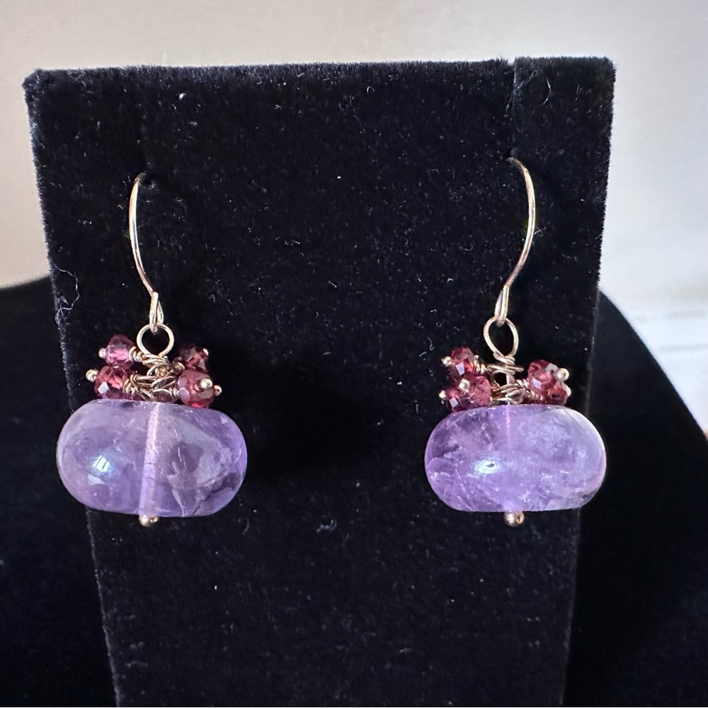 Hand Made Amethyst and Garnet Dangle Earrings NWOT - Picture 2 of 9